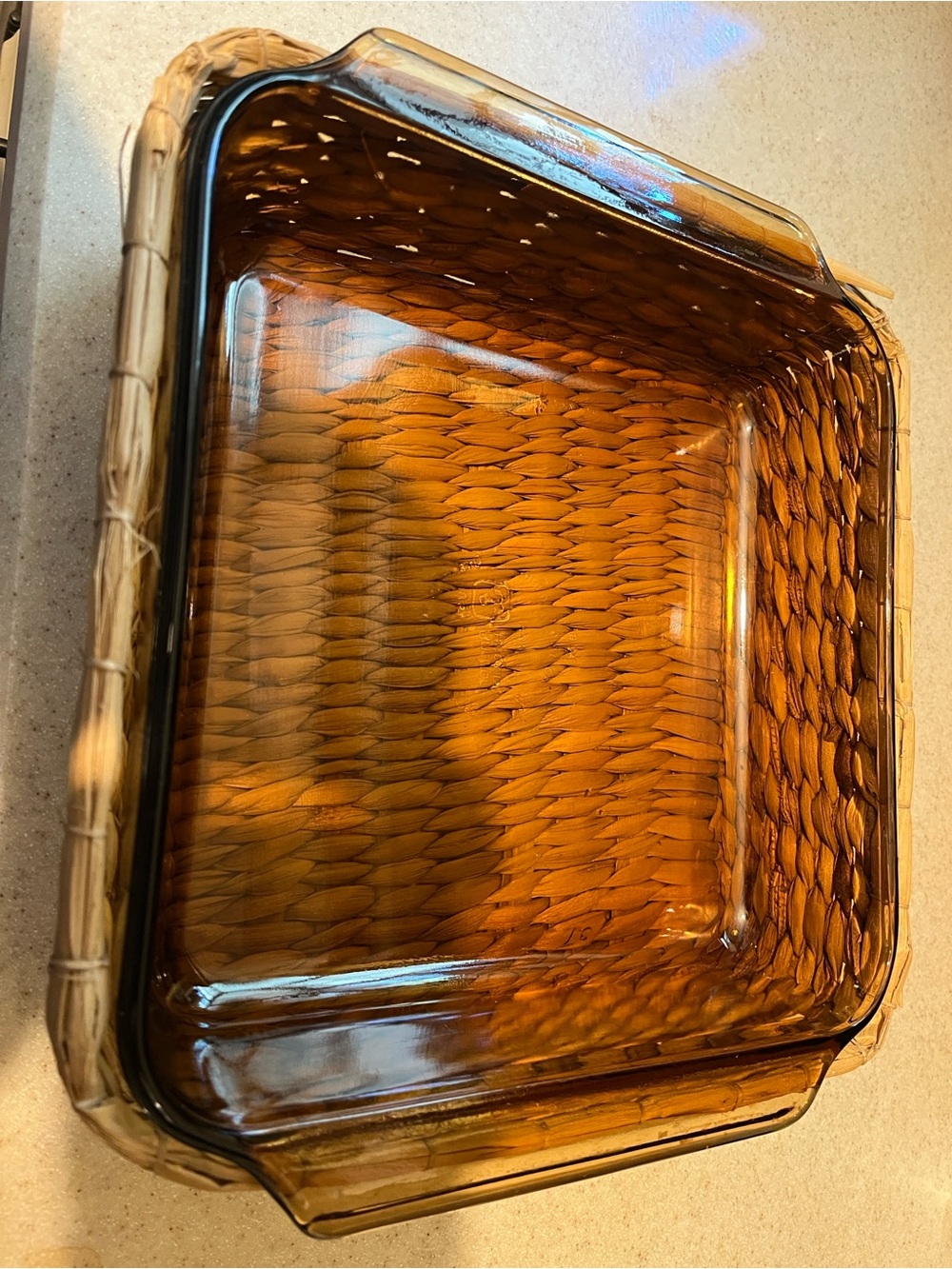 Amber Glass Baking Dish with Wicker Carrier - anchor hocking